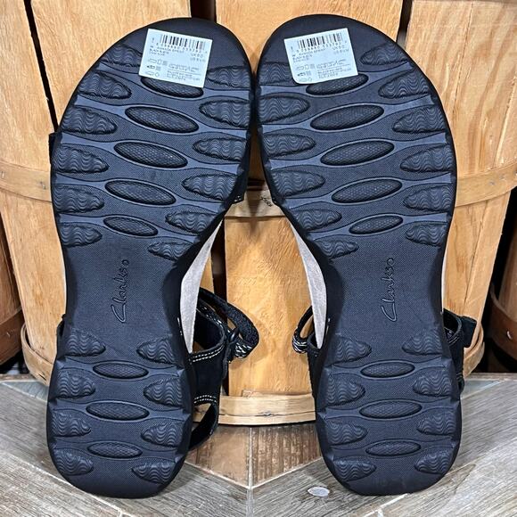 Clarks Amanda Sprint Black Suede Asbstract Textile Adjustable Sandals Womens 8.5 - Picture 10 of 12